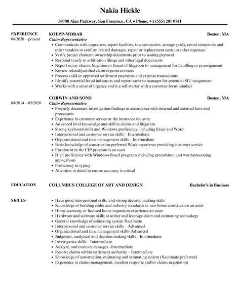 Claim Representative Resume Samples | Velvet Jobs