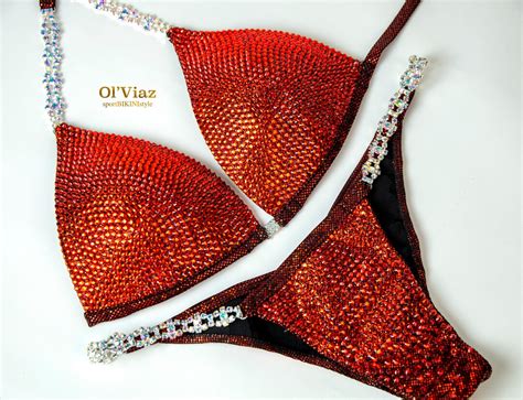 Fireball Bikini Metallic Spandex With Crystals Competition Suit Posing Suit Rhinestone Fitness