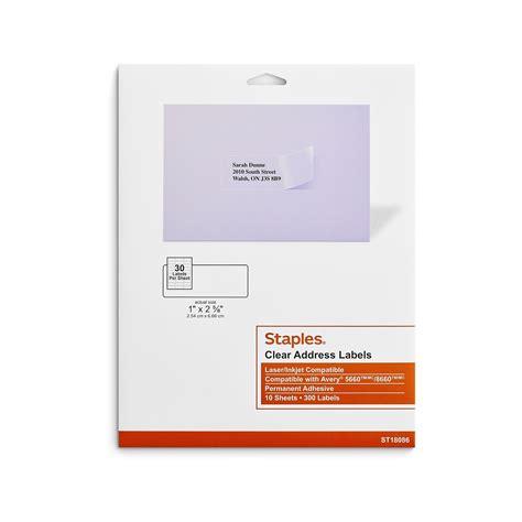 Staples Laser/Inkjet Address Labels, 1" x 2 5/8", Clear, 30 Labels
