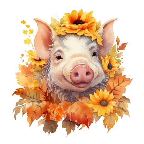 Premium Ai Image A Pig With A Wreath Of Yellow Flowers On Its Head Is