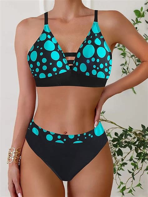Women S Swimwear Bikini 2 Piece Cheeky Swimsuit Backless Slim Vacation Beach Wear Graphic V Neck