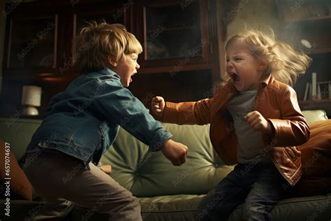 Two little children having fight at home. Kids fighting and screaming