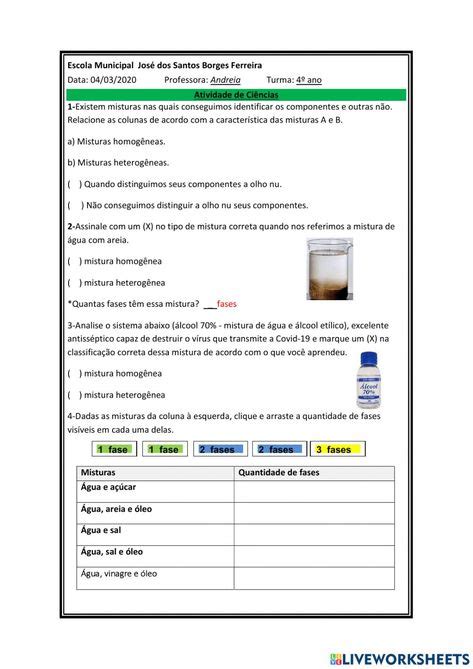Atividade Misturas Homogêneas E Heterogêneas