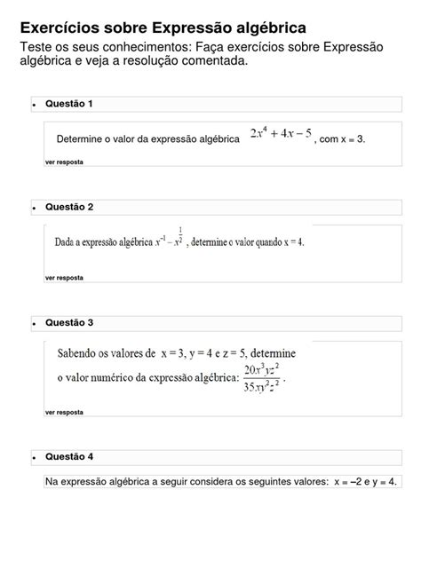 Expressão Algébrica Exercícios