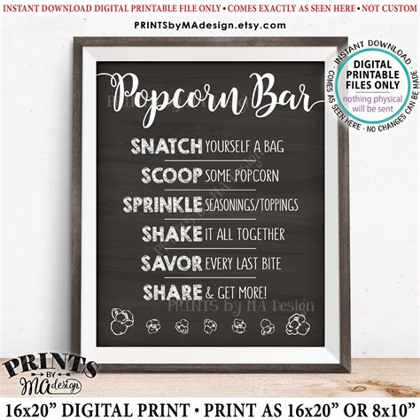 Popcorn Bar Sign Popcorn Toppings Directions Graduation Wedding Birthday Retirement