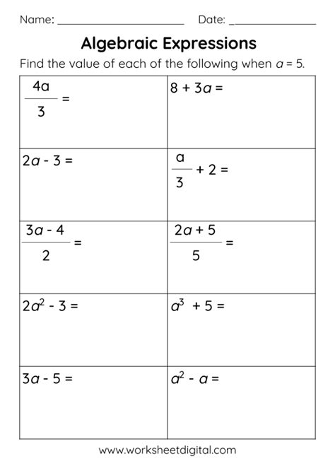 Algebraic Expressions Worksheet Digital 1 Teacher Made Resources