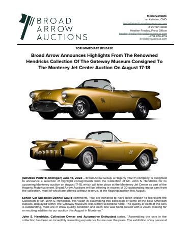 Broad Arrow Announces Highlights From The Renowned Hendricks Collection