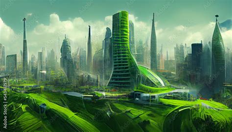 Green Eco Friendly City Of The Future Futuristic Utopia Digital