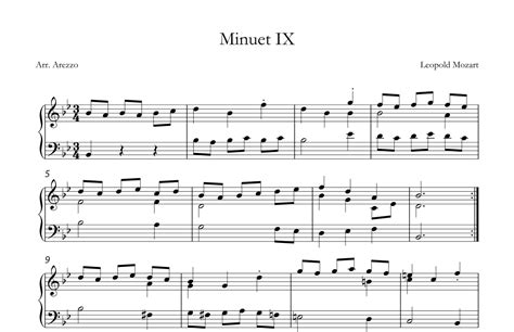 Leopold Mozart Notebook For Wolfgang Minuet Ix Piano Sheet Music Arr