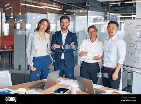 portrait  diverse employees workers smiling success colleagues