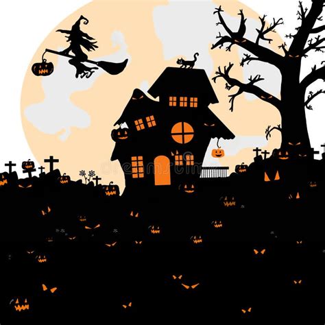 Halloween Night Background With Silhouette Of Naked Trees Tomb Stock Illustration