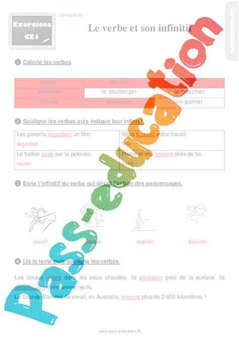 Le verbe et son infinitif Ce1 Exercices révisions PDF à imprimer