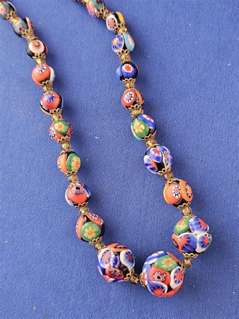 19 Inch Millefiori Murano Glass Bead Necklace Barrel Gem