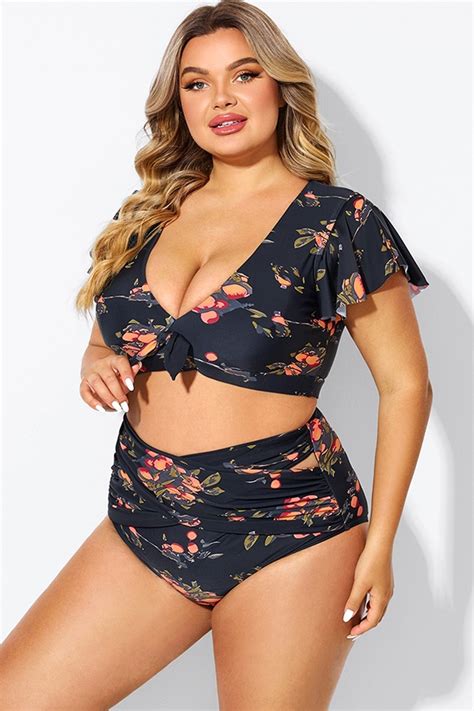 Floral Print Flutter Sleeve Elegant Swim Bikini Top Meet Curve Meet Curve