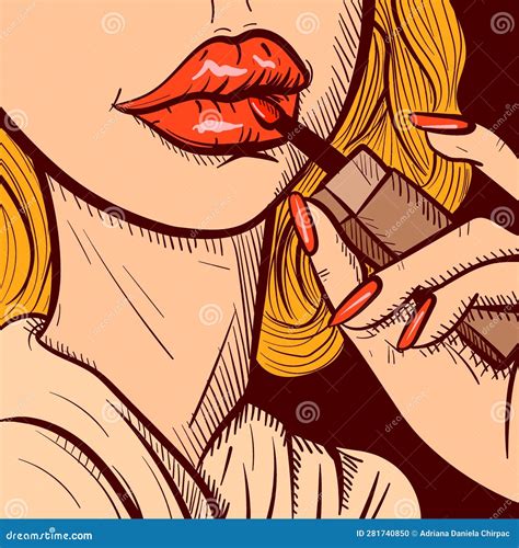 Illustration Of A Blonde Woman S Hand Applying Lipstick On Her Lips Closeup Vector Of A Girl