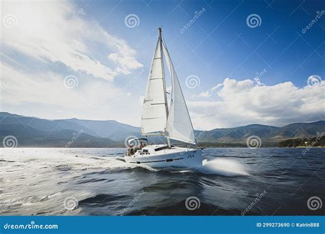 Luxury Yacht Sailing In Open Sea With Stunning Mountain Backdrop Stock