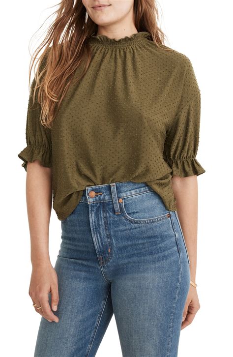 Madewell Texture And Thread Clip Dot Ruffle Top In Desert Olive 39 Off