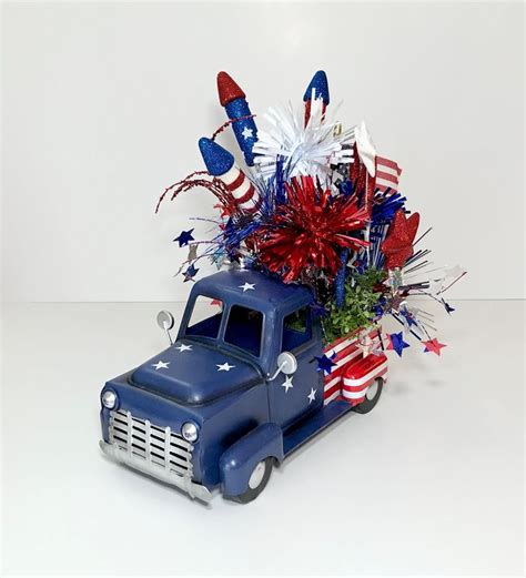 Red White Blue 4th Of July Patriotic Metal Truck Centerpiece Usa Party