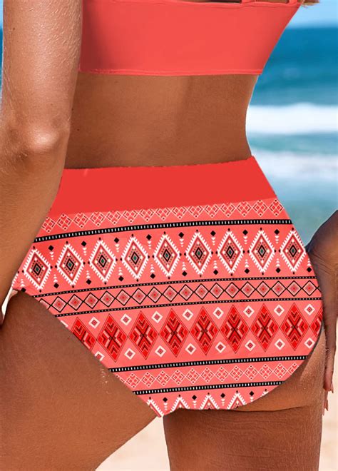 Mid Waisted Geometric Print Coral Bikini Bottom Modlily USD 13 98