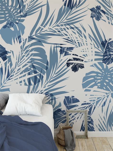 Removable Peel And Stick Wallpaper Blue Tropical Leaf Palm Etsy Palm Wallpaper Peel And