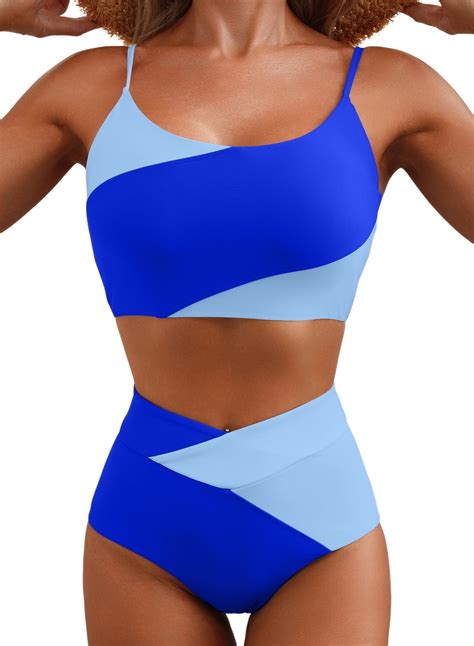Shewin Womens Bikini Set Piece High Waisted Color Block Swimsuit Spaghetti Straps Bathing