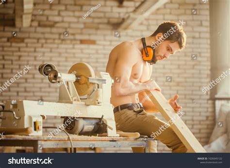 Naked Carpenter Using Straightedge Draw Line Stock Photo 1028345122
