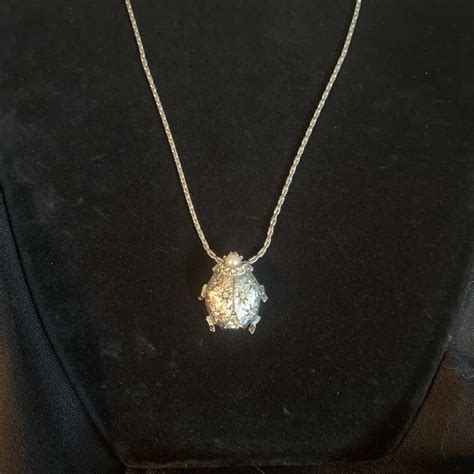 Vintage Lady Bug Rhinestone Faux Pearl Pendant Neckla… - Gem