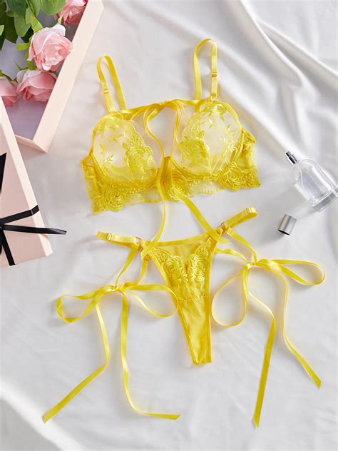 Yellow Flower Embroidery Splicing See Through Chest Lace Bra Mesh Sexy Strappy Erotic Lingerie