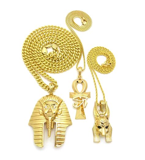 Egyptian Ankh Cross Anubis And King Tut Pendant And Chains Hip Hop