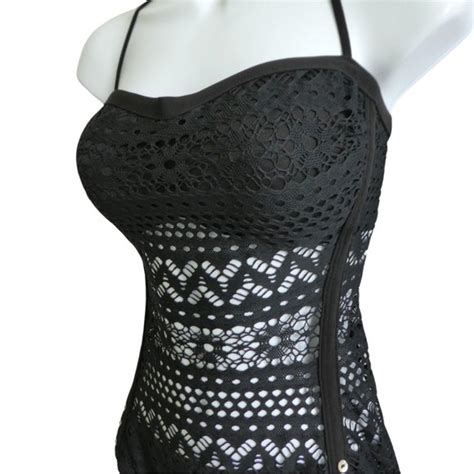 Robin Piccone Swim Robin Piccone Black One Piece Swimsuit Illusion Bikini Halter Bandeau