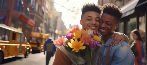 Two Lovely Men Gay Couple With Present Celebrating Valentines Day