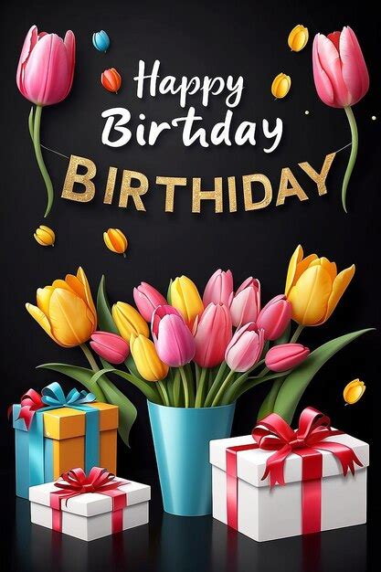 Premium Photo Happy Birthday Banner With Bouquet Of Tulips And Gift