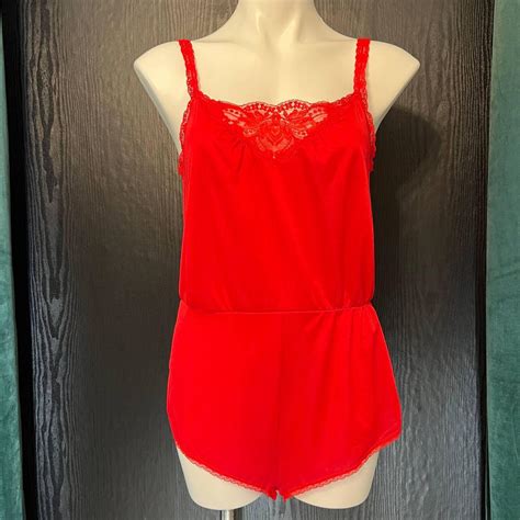 Vintage Olga Red Nylon Teddy Sexy Lingerie Romper Depop
