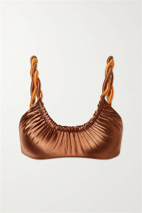 Isa Boulder Rope Reversible Twisted Ruched Stretch Satin Bandeau Bikini Top Metallic