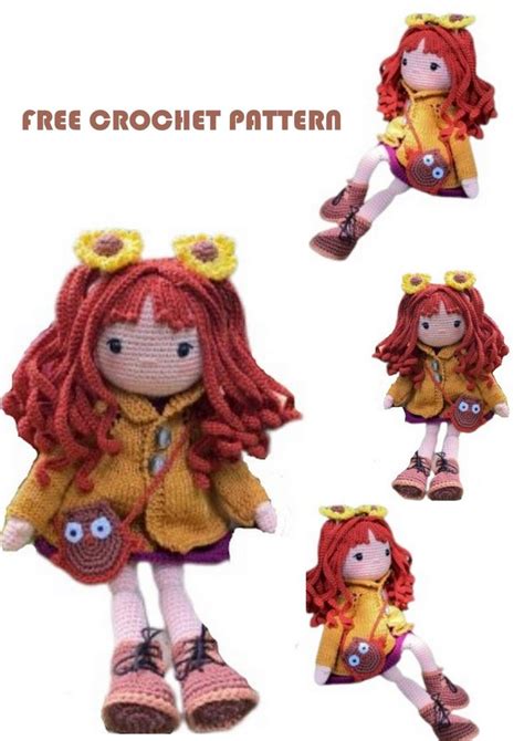 A Crocheted Doll With Red Hair And Yellow Dress Sitting On Top Of It S Legs