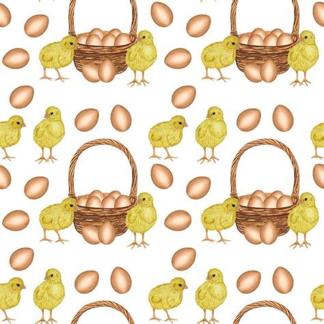 Premium Photo Seamless Pattern Yellow Chickens Brown Eggs Shell In