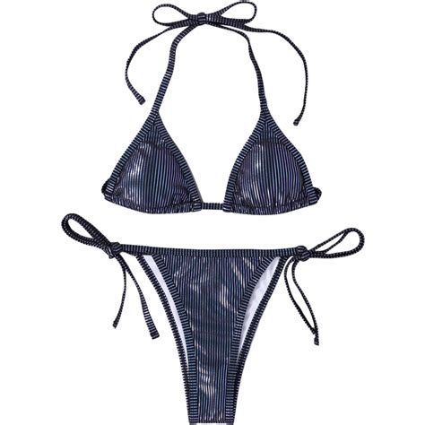 Traje de baño de dos piezas con top halter metálico para mujer Bikini triangular con lazo