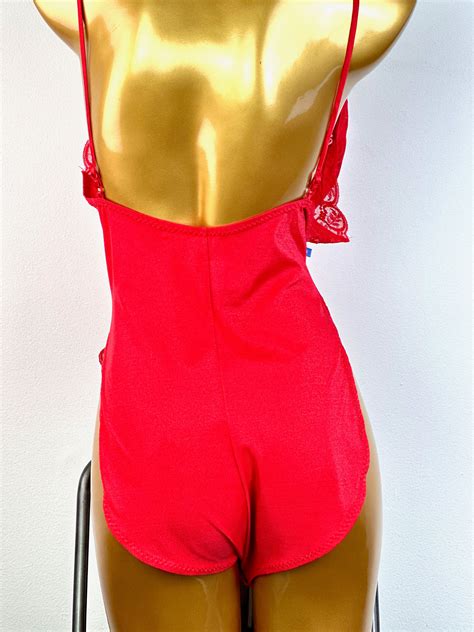 Vintage S Lingerie Teddy Deep V Plunging Sheer Lace Large Etsy