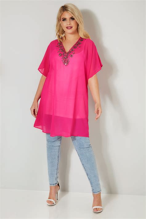 Yours London Hot Pink Jewel Embellished Chiffon Kimono Top Plus Size