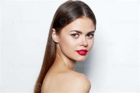 Charming Woman Naked Shoulders Smile Red Lips Skin Care Stock Photo At Vecteezy