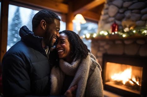 Premium Photo | Happy middle age black couple hugging near fireplace in ...