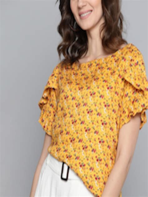 Buy Mast And Harbour Women Mustard Yellow Floral Printed Sustainable Top