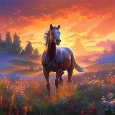 Um cavalo em um campo de flores o sol se pondo atrás dele Foto