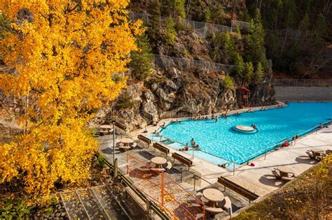 People Enjoy Hot Springs In Outdoor Pool In Autumn Editorial Photo Image Of Canada Forest