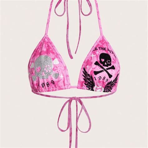 Romwe Pink Skull Bikini Top Size Xs Check Second Depop
