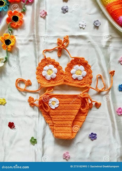 Crochet Bikini Daisy Flower Orange Colour Background Texture Stock Image Image Of Jewellery