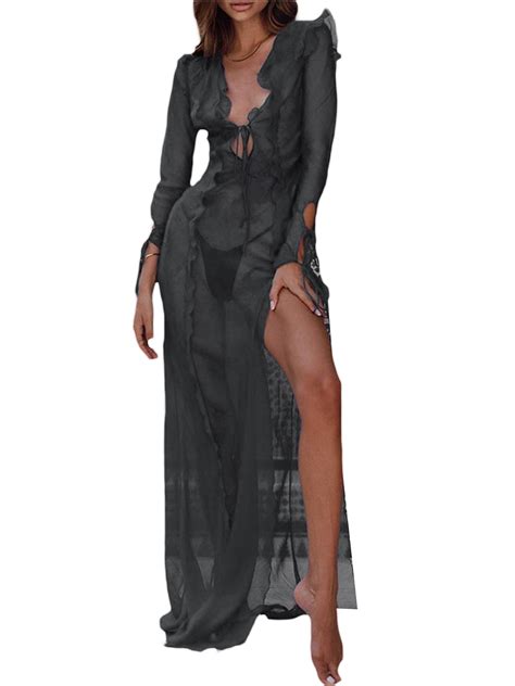 Huakaishijie Women Swimsuit Bikini Cover Up Dress Long Sleeve Mesh