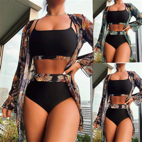 Heiß verkaufte Frauen Bikini 3 Stück Anzug schwarz grün rot Bikini Sets mit lang ärmel igen