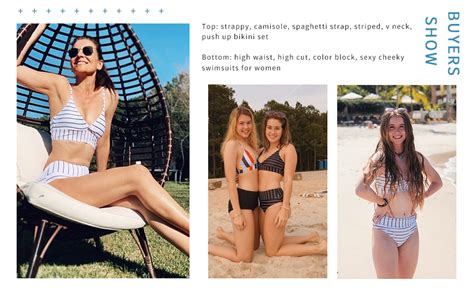 Amazon Sweatyrocks Women S Striped V Neck Spaghetti Strap Top With High Waist Bikini Set