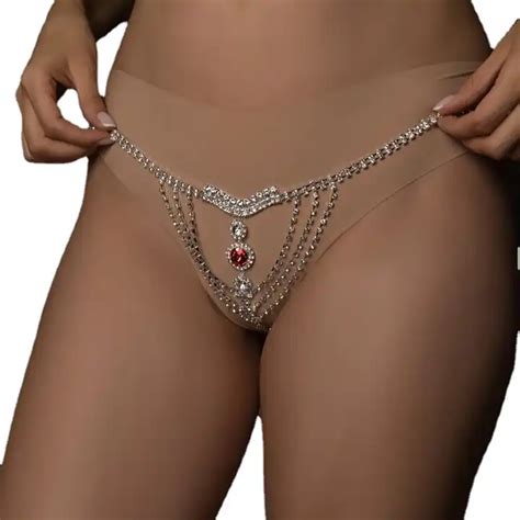 Sexy Bikini Shiny Crystal Women Thong Panties Body Chain Rhinestone Bra And Thong Set Belly